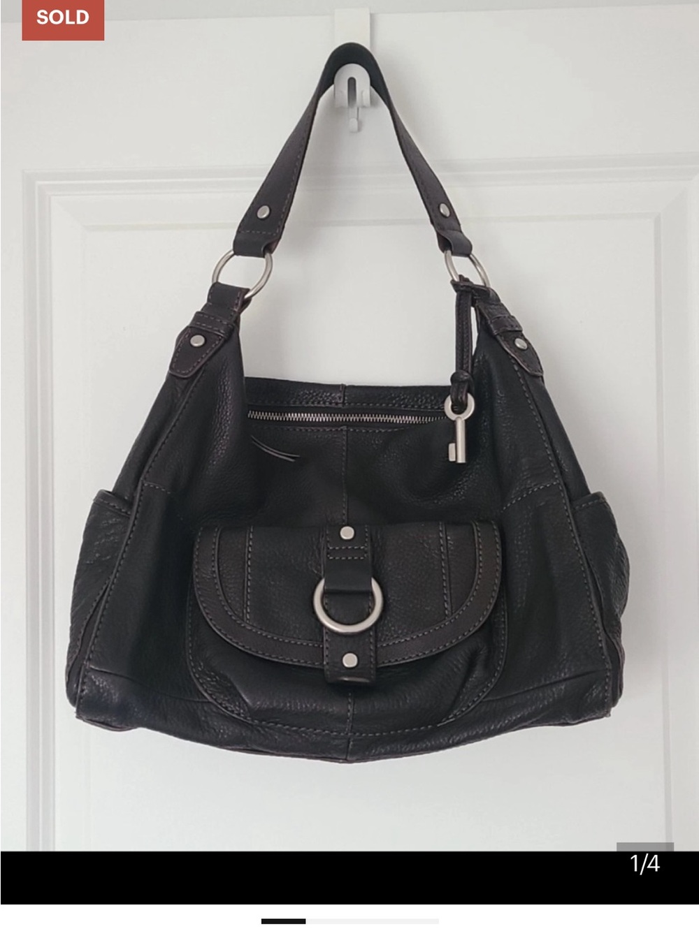 Fossil Black Leather Hobo Shoulder Bag with Front Ring Accent